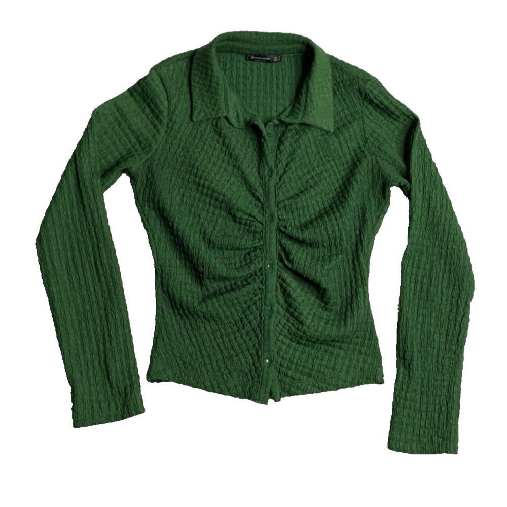 Stradivarius Green Ruched Button Front Shirt Blouse Size S Textured Long Sleeve